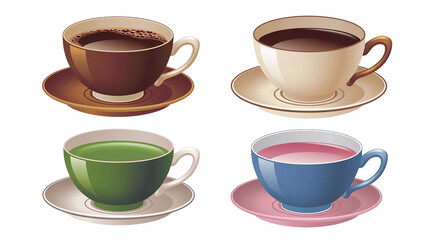 Obraz premium Cups of coffee, black tea, green tea and herbal tea isolated on white background. Colorful cups of tea and coffee top view. Set of vector illustrations. PNG.