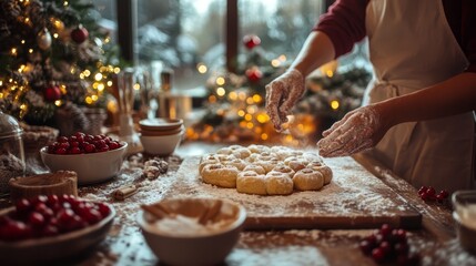 Cozy Christmas morning breakfast preparation with cinnamon rolls and festive decorations in a warm...