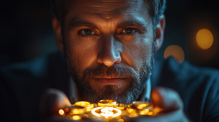 Portrait of a businessman holding a holographic financial symbol with a dark solid background