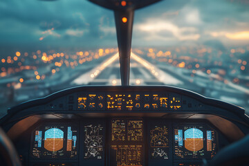 Airplane cockpit view during landing approach, pilot's perspective with illuminated flight instruments, aviation technology, night landing, runway lights, aircraft navigation, cockpit scene

