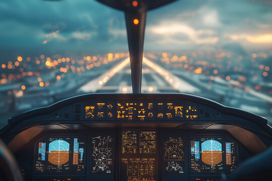 Airplane cockpit view during landing approach, pilot's perspective with illuminated flight instruments, aviation technology, night landing, runway lights, aircraft navigation, cockpit scene

