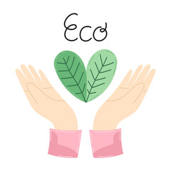 Fototapeta premium Hands holding heart of green leaves with eco lettering in Ecological concept. Zero waste and recycling modern trendy sustainable lifestyle. For postcards, banners, posters.