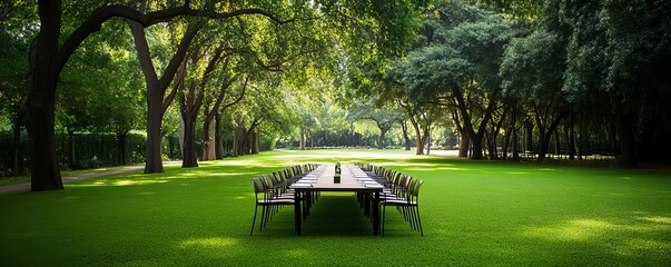 Business meeting in a park with a focus on eco-friendly operations, sustainable outdoor meetings, nature-inspired workspaces