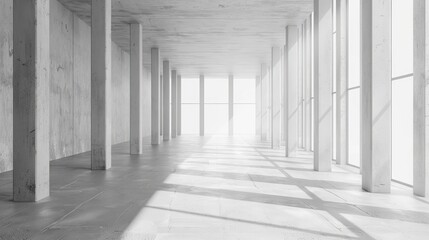 Modern Huge Concrete Material Empty Hall With Many Columns And Big White Glowing Windows Wallpaper Space For Text 3D Rendering