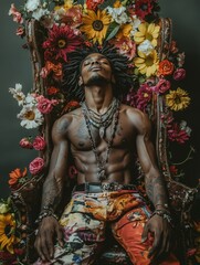 Fototapeta premium homme noir tatoué torse nu assis sur une chaise, il est entouré de fleurs