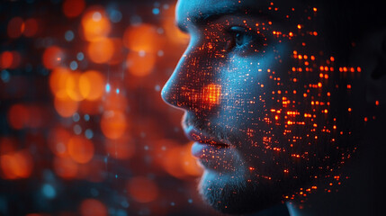 Double exposure of a businessman interacting with a cyber security hologram