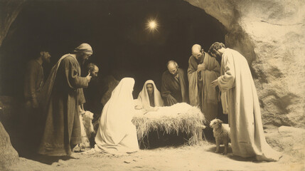 The Nativity. Baby Jesus lies in a manger, surrounded by Mary, Joseph, and sheperds in a small stable. Monochrome.