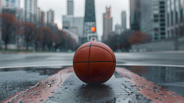 A basketball on the asphalt and the architectural wonders of Chicago in the background with a bird's eye view 