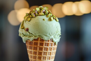 A scoop of pistachio gelato in a waffle cone, topped with chopped pistachios