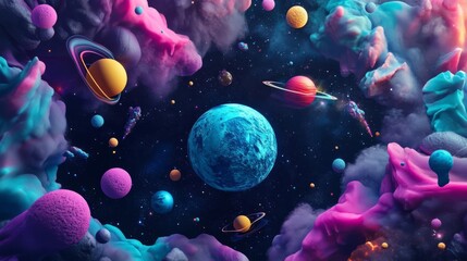Vibrant cosmic fantasy space scene with colorful planets, nebula clouds, and stars against a dark outer space background.