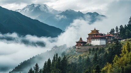 Ancient Buddhist monastery perched on a misty mountainside, surrounded by lush forests and dramatic peaks, creating a serene and mystical atmosphere