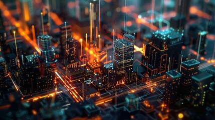 Obraz premium Concept of a smart city and telecommunication network. Abstract mixed media.