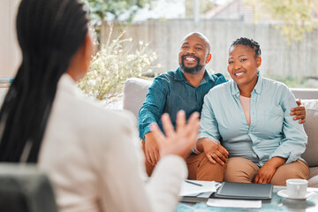 People, couple and smile with broker at home for funeral cover or life policy planning....