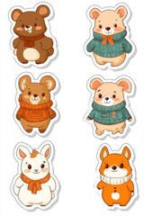 Cute animal stickers featuring bears and a bunny in cozy sweaters against a white background