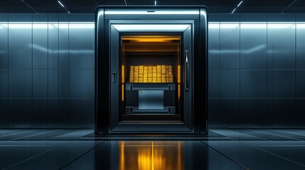 A massive bank safe door slightly ajar reveals gold bars in a sleek, modern office with ambient lighting