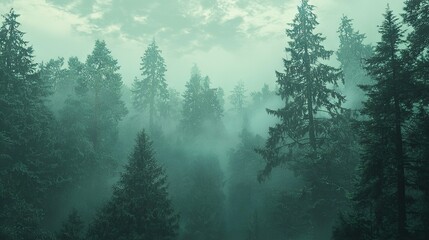 Fototapeta premium A dense, fog-filled forest surrounded by towering pine trees