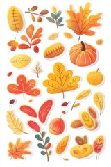 Autumn leaves, pumpkins, and acorns in vibrant colors celebrating fall in a cheerful illustration
