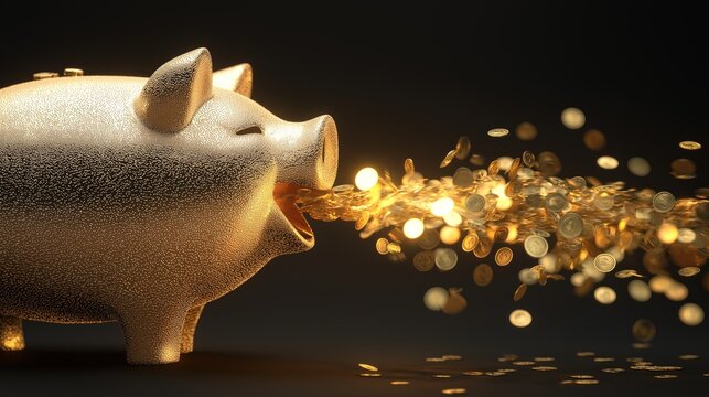 Golden piggy bank spewing metallic coins in a dazzling display of wealth and savings