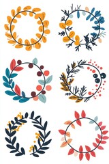 Decorative hand-drawn wreath illustrations featuring various floral designs and colors