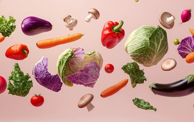 Vibrant Vegetables in Mid-Air Against a Light Pink Background in High-Resolution. AI generated illustration