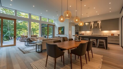 Modern Kitchen and Dining Room with Large Windows and Natural Light
