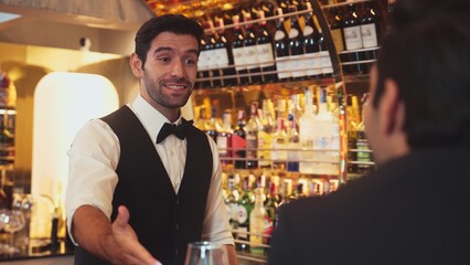 Focusing on smiling smart bartender preparing drinks at luxurious bar while engaging lively conversation with VIP customer at vibrant warm lighting atmosphere bottle bar and pub background. Vinosity.