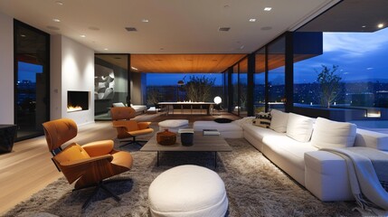 Modern living room with large windows and city view at night