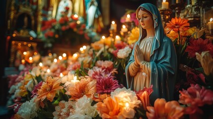 Naklejka premium A beautifully adorned altar features a Virgin Mary statue surrounded by vibrant flowers and flickering candles, celebrating Las Posadas and the Nativity of the Blessed Virgin Mary.