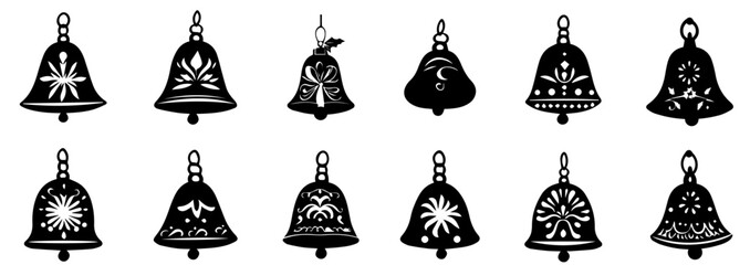 Decorative Christmas bells silhouette set with festive patterns in black and white illustration. Holiday Season Symbol. 