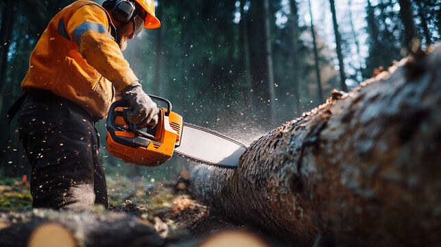 A lumberjack in safety gear cuts a fallen log with a chainsaw in a forest