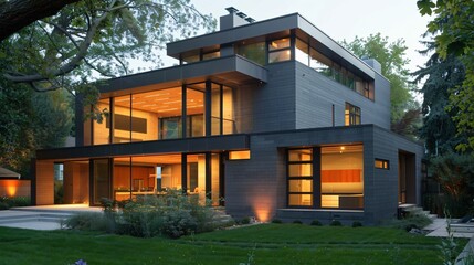 Modern Two-Story House with Large Windows and a Green Lawn