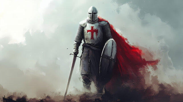 Portrait of knight templar, medieval warrior wearing helmet, standing on battlefield with sword and shield. generative ai. Knight. Illustration