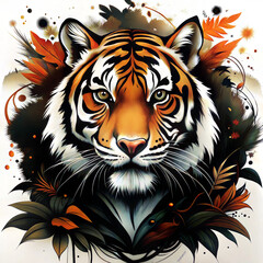 Powerful tiger portrait with vibrant colors and artistic elements