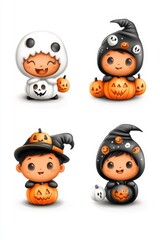 Obraz premium Charming cartoon children in Halloween costumes holding carved pumpkins during a festive celebration