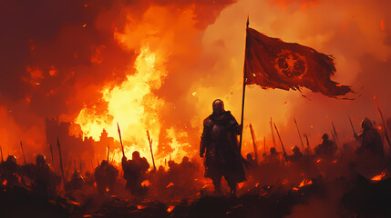 Fototapeta premium The crusader army goes to war. the knight carries the banner. the sky is lit by fires. 2d illustration, digital art style, illustration painting. Knight. Illustration