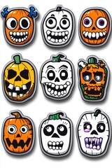 Fototapeta premium Colorful collection of cartoon-style Halloween pumpkins and skeleton faces against a white background