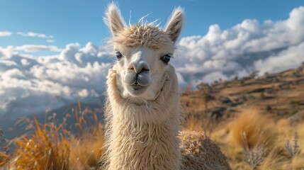Obraz premium Vertical Close-Up of a Funny Lama Portrait Against Blue Sky