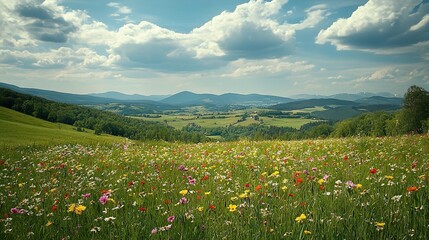 Fototapeta premium Lush, green field brimming with wildflowers under cloudy blue sky, mountain range in distance