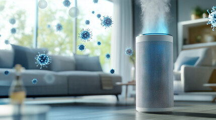 Air Purifier Operates in a Modern Living Room Clearing Pollutants