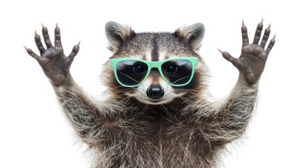 A raccoon wearing sunglasses with its paws up in the air.