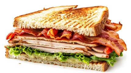 Classic club sandwich piled with turkey, lettuce, tomato, and bacon, presented between slices of golden toasted bread.
