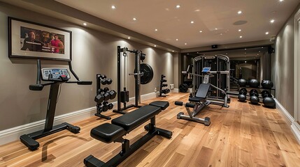 Obraz premium Modern Home Gym with Treadmill, Weight Machine, and Exercise Bench