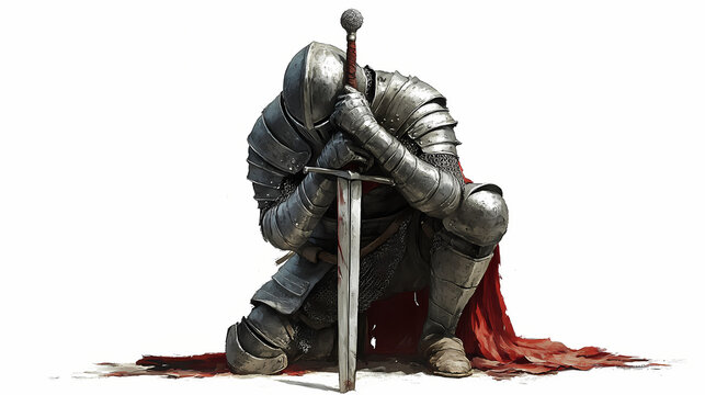 Illustration of a medieval knight kneeling in prayer with a sword, realistic on a white background. Knight. Illustration
