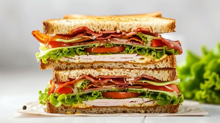 Layered club sandwich with tender turkey, crispy bacon, fresh lettuce, tomato, and mayo on slices of crunchy toasted bread.

