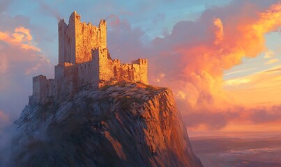 Fototapeta premium A Stone Castle Perched on a Clifftop at Sunset