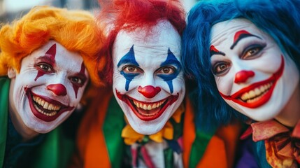 Fototapeta premium Surprised clowns, man and woman entertainers as Joker in a suit and wig, with clown whiteface makeup. Trickster, jester, pantomime, mime, and a professional actors at events, birthday party.