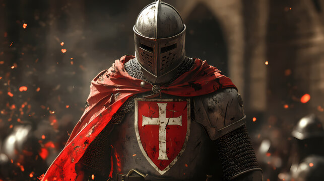 Medieval knight in full armor with the templars cross in the crusade, generative ai. Knight. Illustration