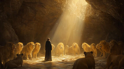 Daniel Stands in the Lion's Den Surrounded by Fierce Lions