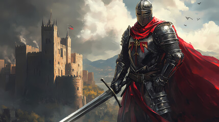 Naklejka premium Medieval knight in the armor with the sword on the castle background. Knight. Illustration