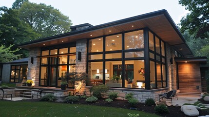 Modern Home with Large Windows and Stone Facade